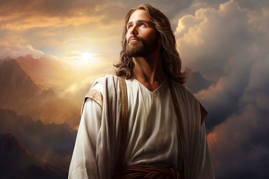 Jesus Christ standing and looking off into the distance while the sun sets behind him